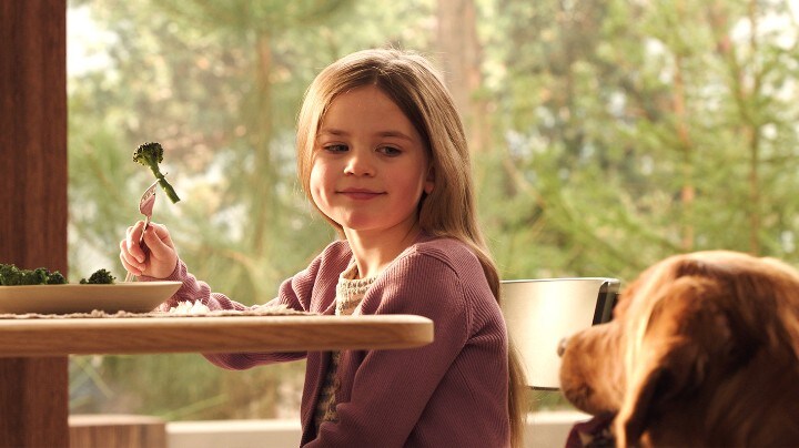 En glad flicka äter broccoli vid köksbordet. Bredvid sitter en hund och tittar längtansfullt mot maten.